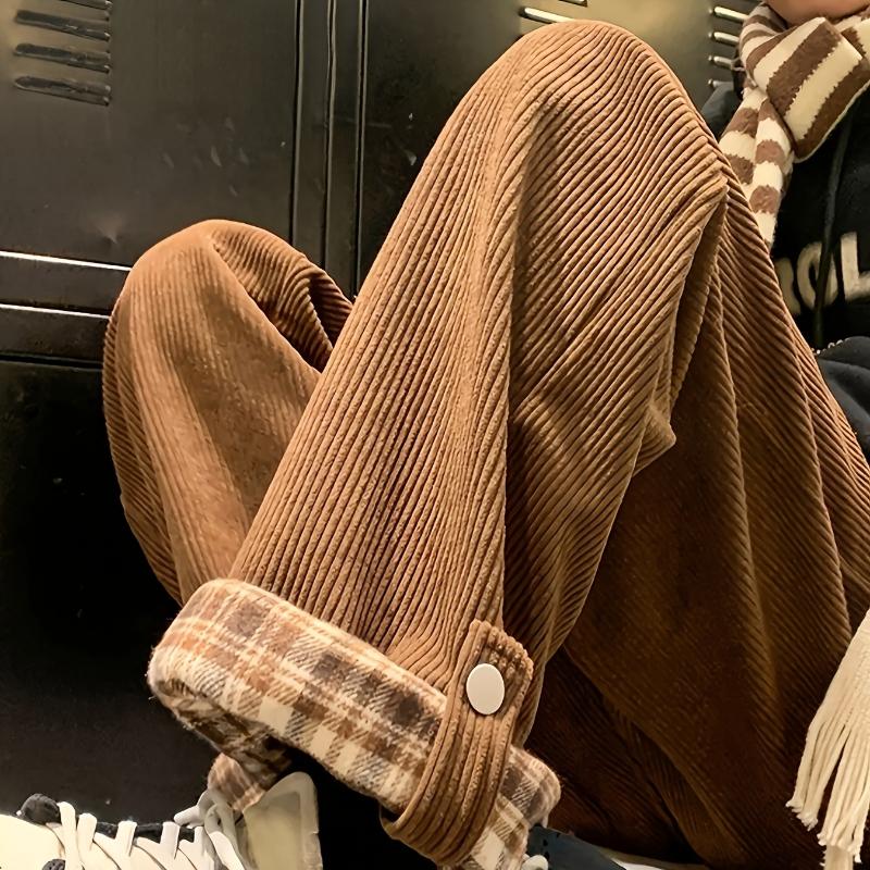 Herren Cordhose im Hong Kong Stil mit Bündchen, Kontrastfarbenem Karomuster und Weiter Beinform für Frühling und Herbst, Lässige Sporthosen für Studenten