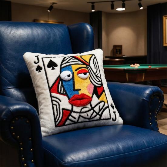 Poker Cards Throw Pillow, King Queen Jack of Spades Plush Pillow, Funny Decorative Cushion with 3D Embroidery for Sofa Couch Living Room Bedroom