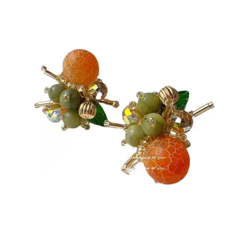 Persimmon Wishes: Mori Style Beaded Stud Earrings – Unique Sweet Fruit Design