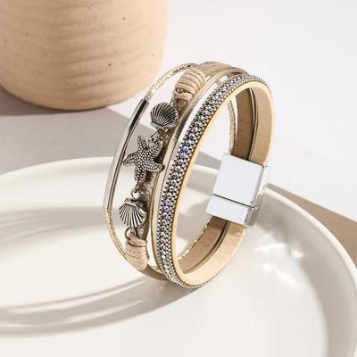 Ručně vyráběný bohémský kožený náramek s mořskou hvězdicí a mušlí pro ženy