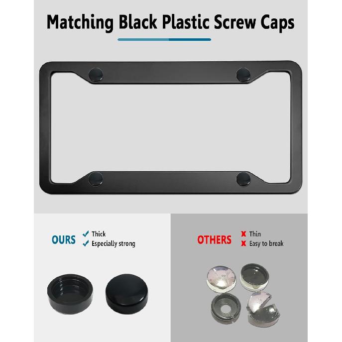 Black License Plate Frames- 2 Pack Aluminum Front & Rear Auto Car Tag Holder, Heavy Duty Bracket With Mount Hardware, Screws Caps, Rattle Proof Pads