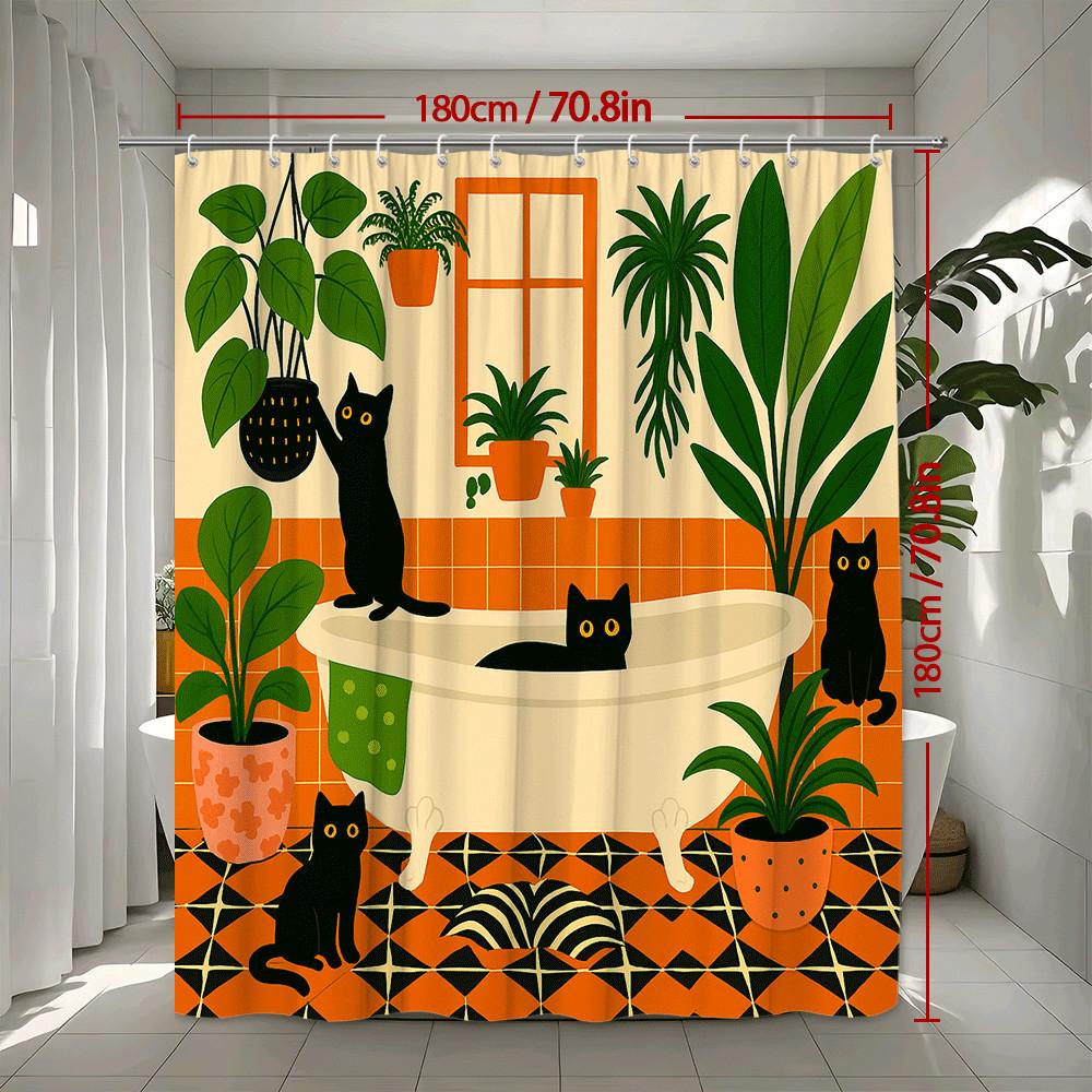 Cute Cat Shower Curtain Black Cats Green Plants Boho Style Bathroom Decor Playful Art Design Waterproof Simple Installation