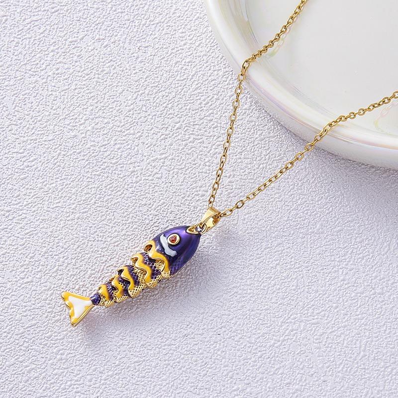 Bunter Emaillierter Beweglicher Fisch Anhänger Halskette Goldkette Süßer Meeresstil Schmuck für Damen Sommer Strand Täglich Geschenk