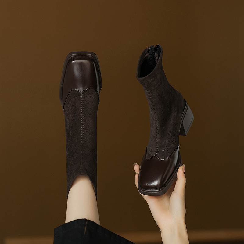 Krazing Pot Microfiber Flock Winter Square Toe Modern Size 33 Boots Size 43 Zipper KPOP Style Fashion Stretch Ankle Boots