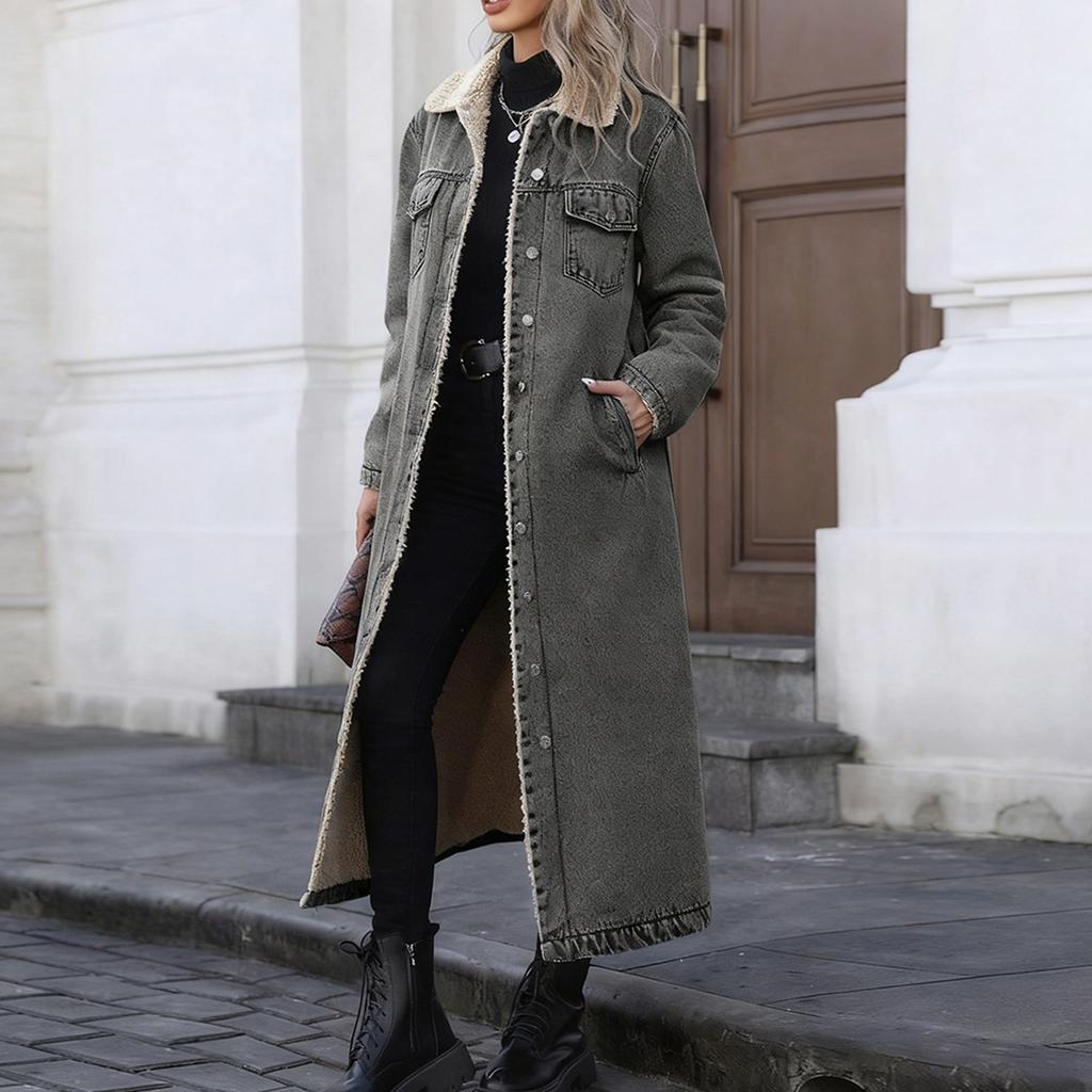 Damen Modischer Lässiger Lockerer Langer Baumwollmantel mit Fleecefutter Jeansjacke