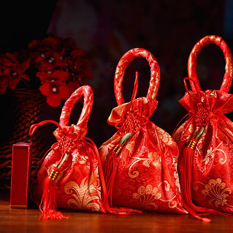 10pcs Chinese Style Canvas Flower Drawstring Bag Large Capacity Korean Style Festive Sugar Bag Wedding Handheld Candy Bags