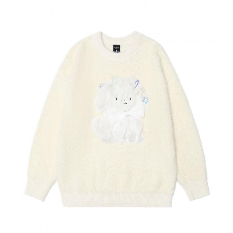 Cozy Oversized Fleece-Lined Knit Sweater With Animal Embroidery Streetwear Teens