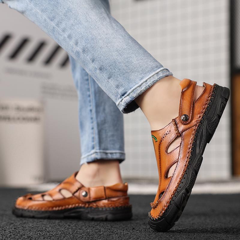 Men's Handmade Leather Sandals Luxury Designer Flat-bottomed Baotou Hollowed-out Leisure Resort Beach Shoes Large Men's Slippers