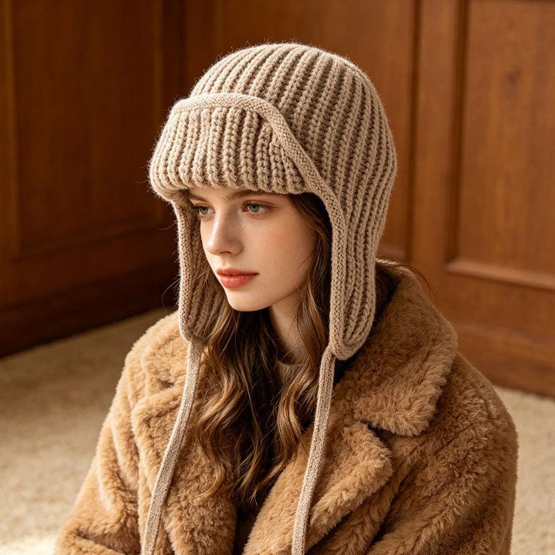 Neue Damen Herbst Winter Ohrklappen Strickwollmütze, Kordelzug Thermisch Warm Flieger Skimütze, Mode Vielseitig Outdoor Trooper Mütze