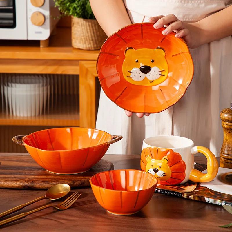 Ceramic Little Lion Children's Tableware Noodles Rice Bowls Underglaze Color Dinnerware Dessert Snack Plates Kitchen Accessories