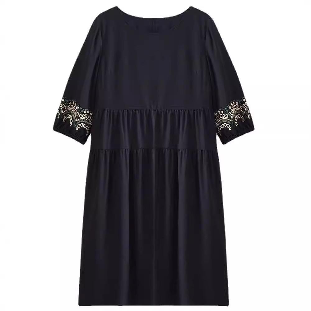 Vestido de Verano Étnico Bordado de Cuello Redondo - Costuras Retro Ajuste Holgado Slim para Tallas Grandes