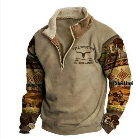 

Men s 3D Print Retro Stand Collar Hoodie with Velvet, 2025 Autumn/Winter Collection. S