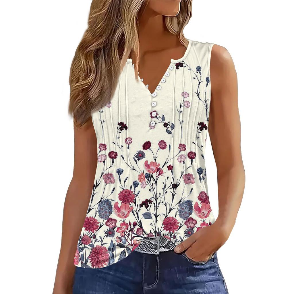 Women's Flowers And Plants Casual Loose Pleated Shirt V Collar Button-down T-shirt Shirt Sleeveless Vest Top