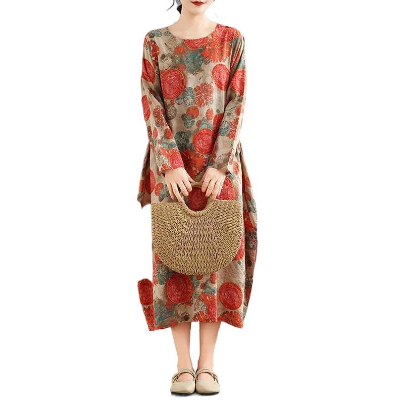 New Retro Printed Round Neck Loose Plus Size Long Dresses