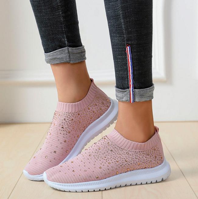 Women's Lightweight Breathable Mesh Elastic Casual Shoes Striped Rainbow Rhinestone Shoes
