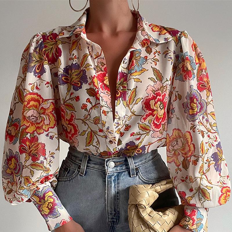 Tryck Lantern Sleeve Damskjorta Elegant Chiffong Dam Blusar Sommar V-ringad Blommiga knappskjortor Mode Dam Toppar 20541
