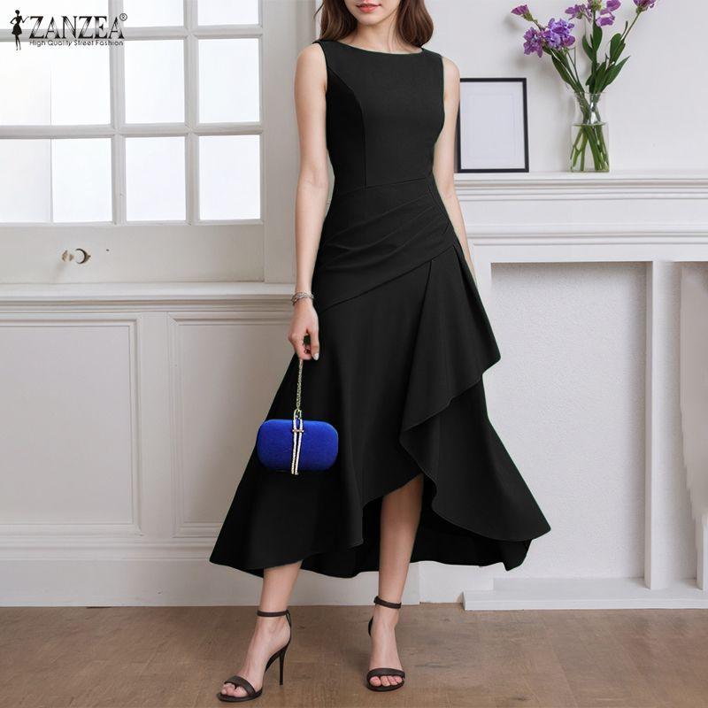 ZANZEA Women Elegant Casual Round Neck Summer Sleeveless Ruffles Dress
