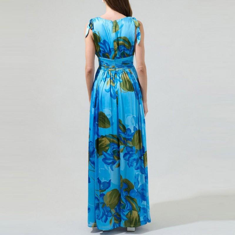 Boho Floral Print Deep V-Neck Wrap Maxi Dress Women 2026 High Waist Sleeveless Flowy Beach Vacation