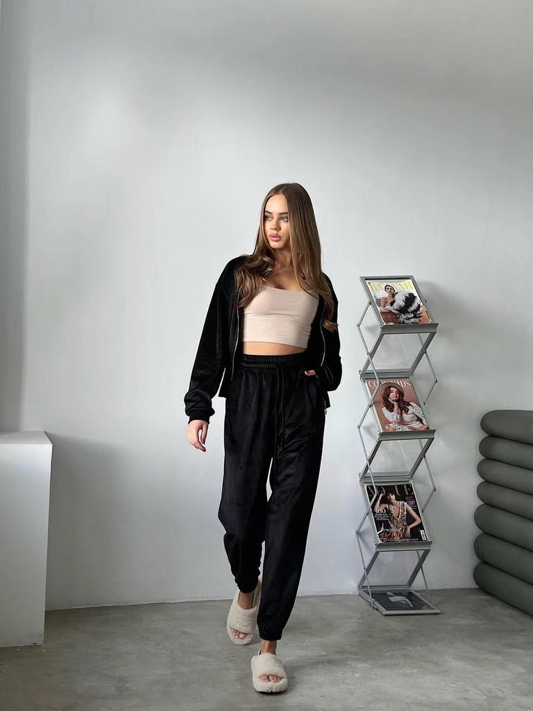 Europejski i Amerykański Jesienny Zestaw Dwuczęściowy z Aksamitu Zapinany na Zamek: Bluzka z długim rękawem, elastyczną talią i spodnie z mankietami z kieszeniami dla kobiet