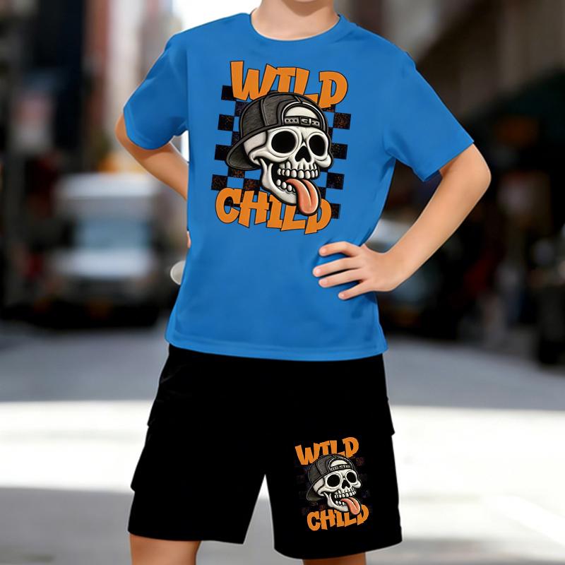 Boys 2 Piece American Street Trend Print Outfit, Short Sleeve T-Shirt and Shorts Set for Kids Age 5-14,Black and White Sporty Casual Summer Clothes