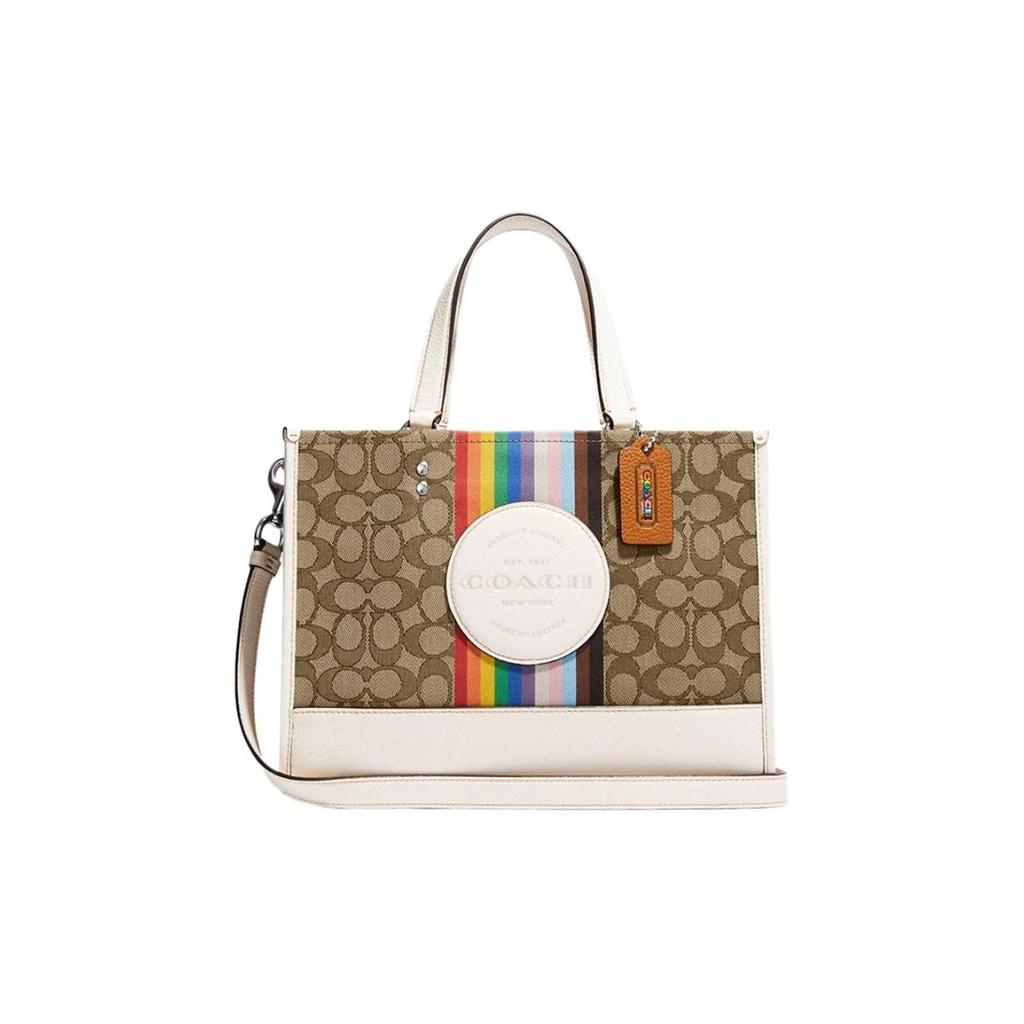 Coach 29 Logo Rainbow Stripe Classic Canvas And Leather Tote Bag Women tote Brown White CJ578-SVOT8
