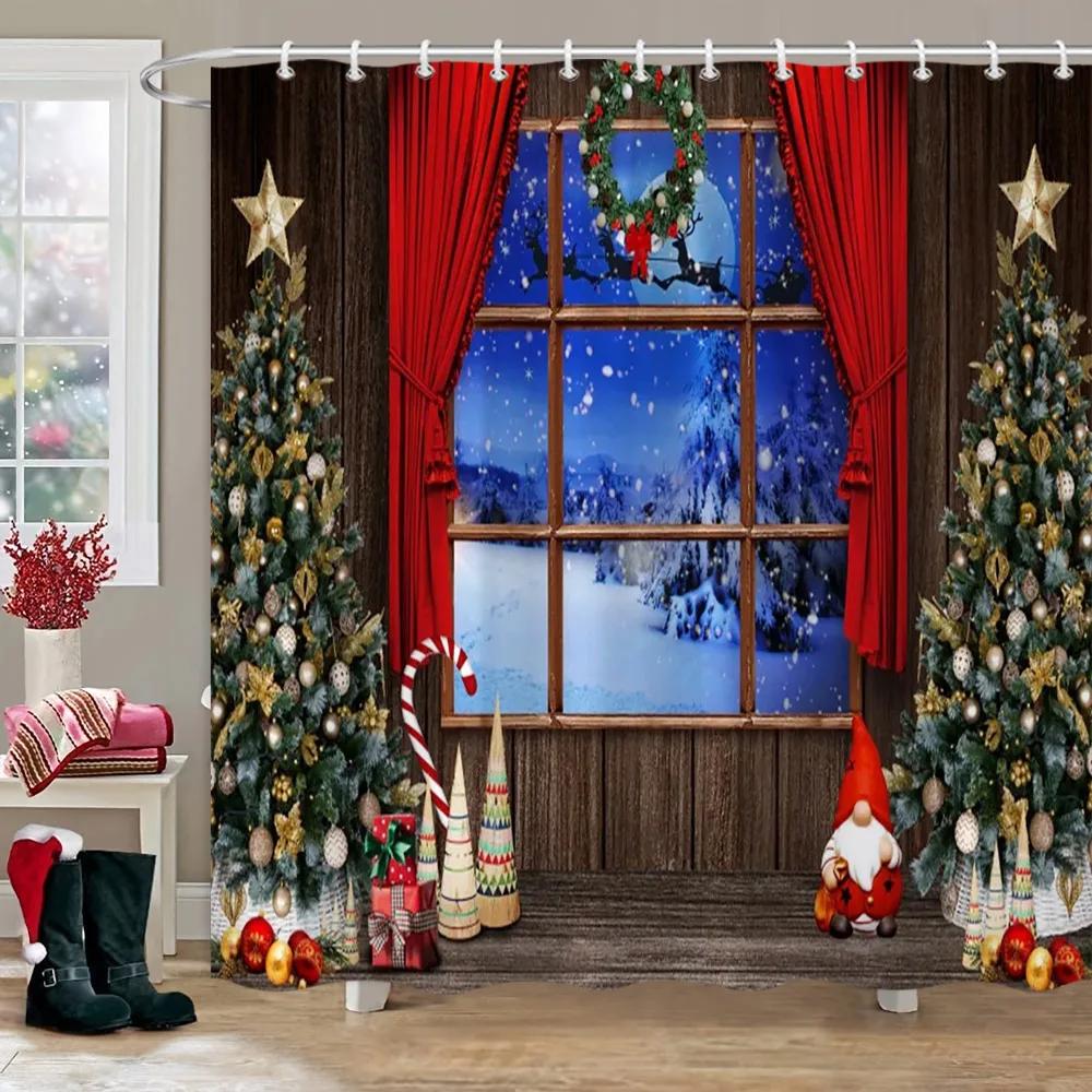 Weihnachtsparty Duschvorhänge Kamin Weihnachtsbaum und Geschenke Schneemann Schneeszene Waschbarer Duschvorhang Kunst Badezimmer Dec