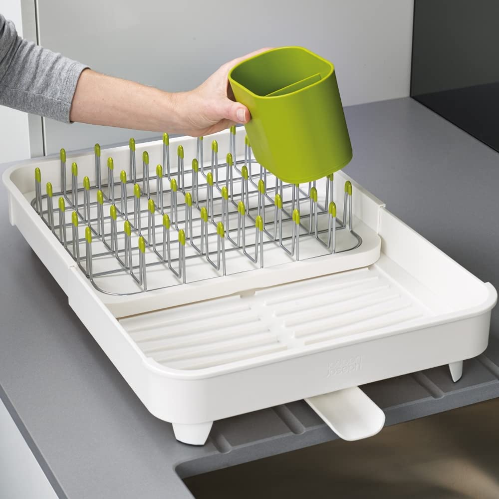 Joseph Joseph Extend Telescopic Drainer Drying Rack for Sinks with Removable Cutlery Holder and Swivel Drainer Spout Off 85071 - - White/Green