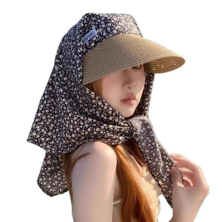 Women's Floral Fisherman Straw Hat with Sun Protection and Patchwork Triangle Scarf for Summer Outdoor Travel