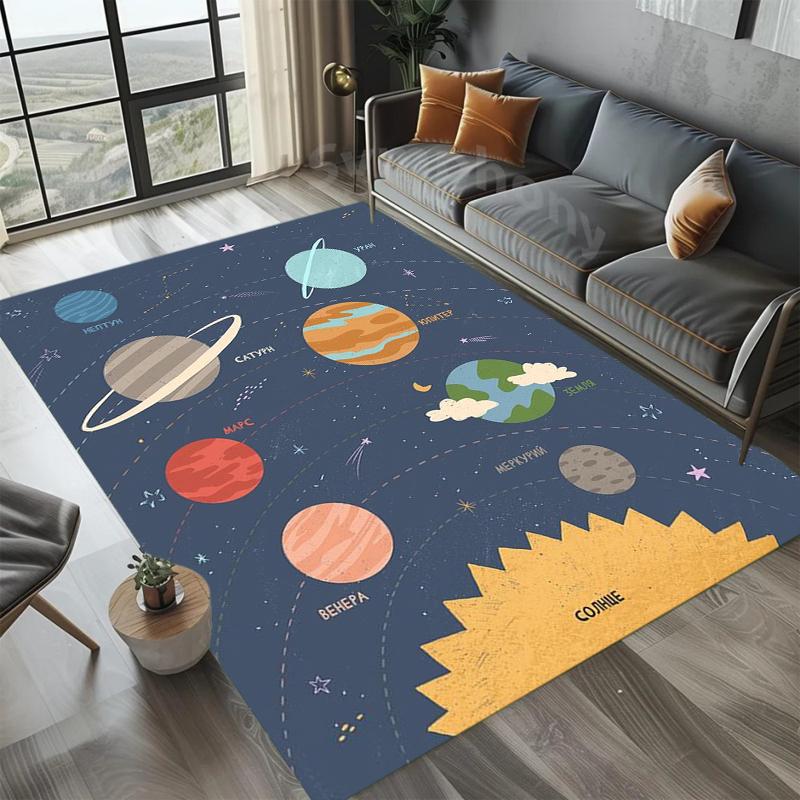 Solar System Rug Planet Galaxy Design for Living Room & Kids Bedroom | Non-Slip Space Floor Mat Home Decoration