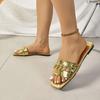 Fashion 2025Summer New Fashion Plus Size Flat Slippers Women's  Square Toe Rhinestone Metal Chain Soft Slip Non-slip Flip Flops