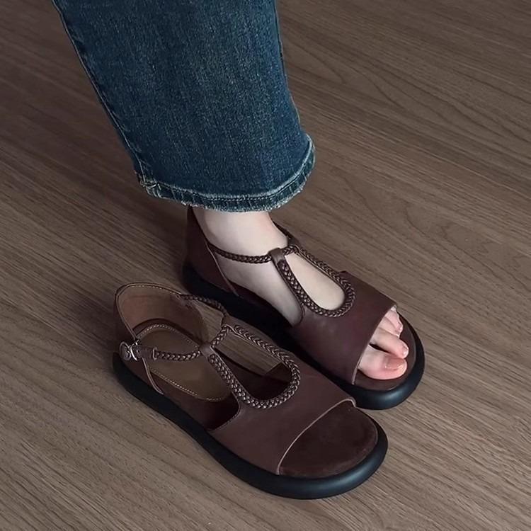Sheepskin version~ niche design fashionable soft-soled sandals femininity elegant versatile woven one-word buckle Roman shoes