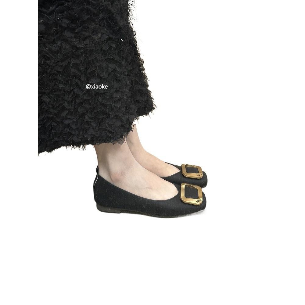 French temperament square buckle single shoes women's square head grandma shoes retro suede 2025 spring new shallow flat shoes