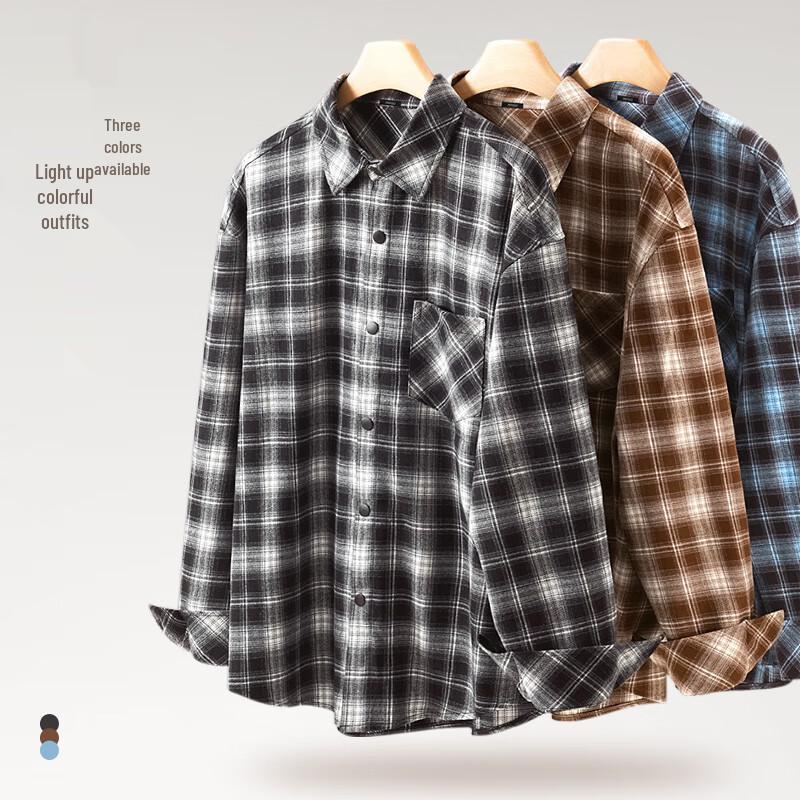 MINISO Men's Retro Plaid Flannel Long Sleeve Shirt Jacket