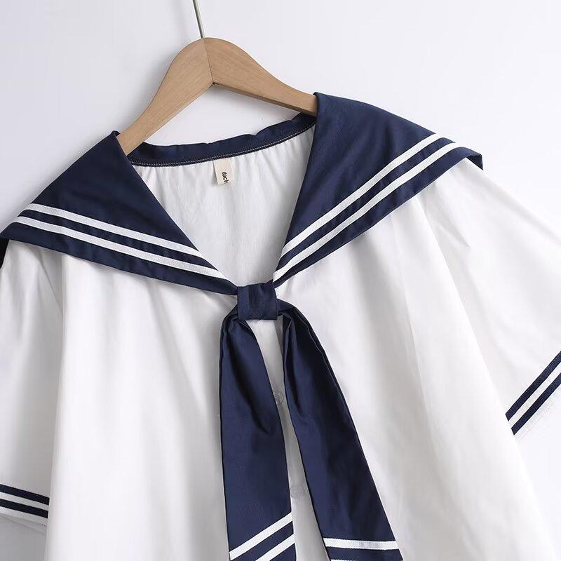Blusas de Algodón de Alta Calidad para Mujer Verano Kawaii Camisas Harajuku Cuello Marinero Blusa Azul Marino Manga Corta Rayada JK Universitaria Chic Top