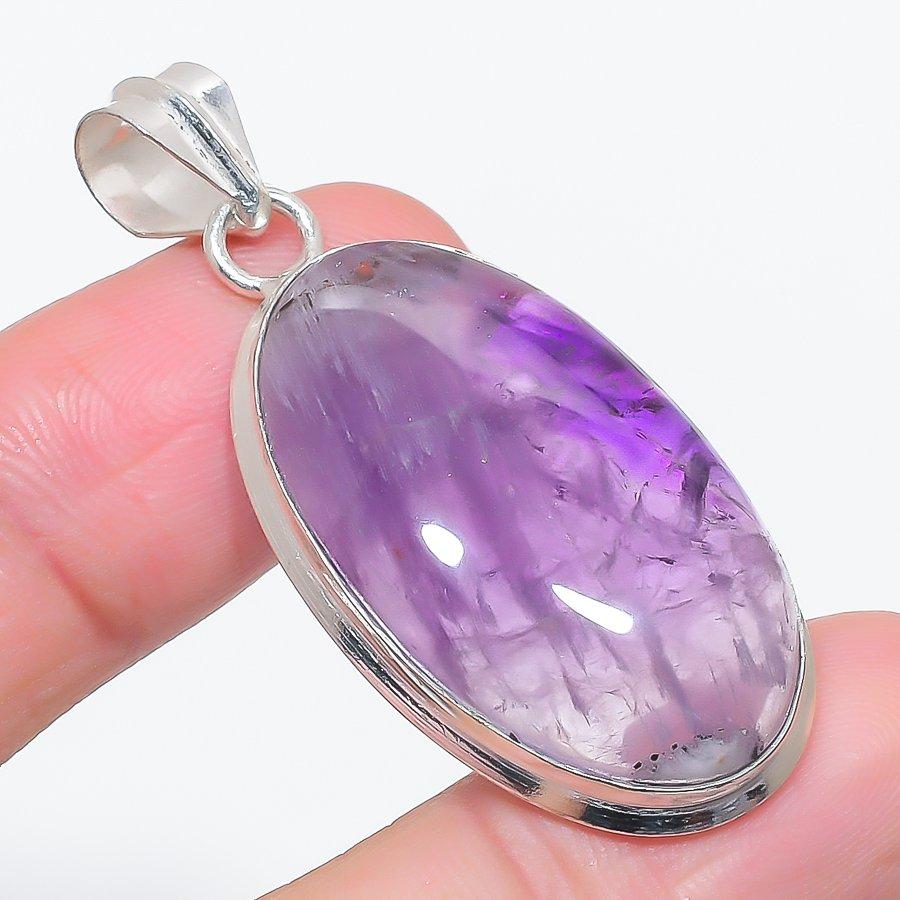 Natural Sage Amethyst Gemstone 925 Sterling Silver Jewelry Pendant 2.01" Q0n14