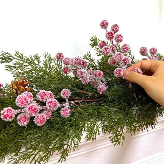 Yousheng 20Pcs Artificial Snow Red Berry Pick Branch Christmas Holly Berries Stem Faux Plants Branch Xmas Holiday Wedding Party Home Decoration