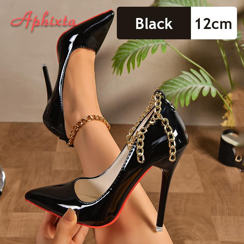 Fashion Aphixta Fashion Gold Metal Chain High 12cm/10cm Stiletto Heels Pumps Women Shoes Pointed Toe Party Pumps Super Big Size 48 49 50