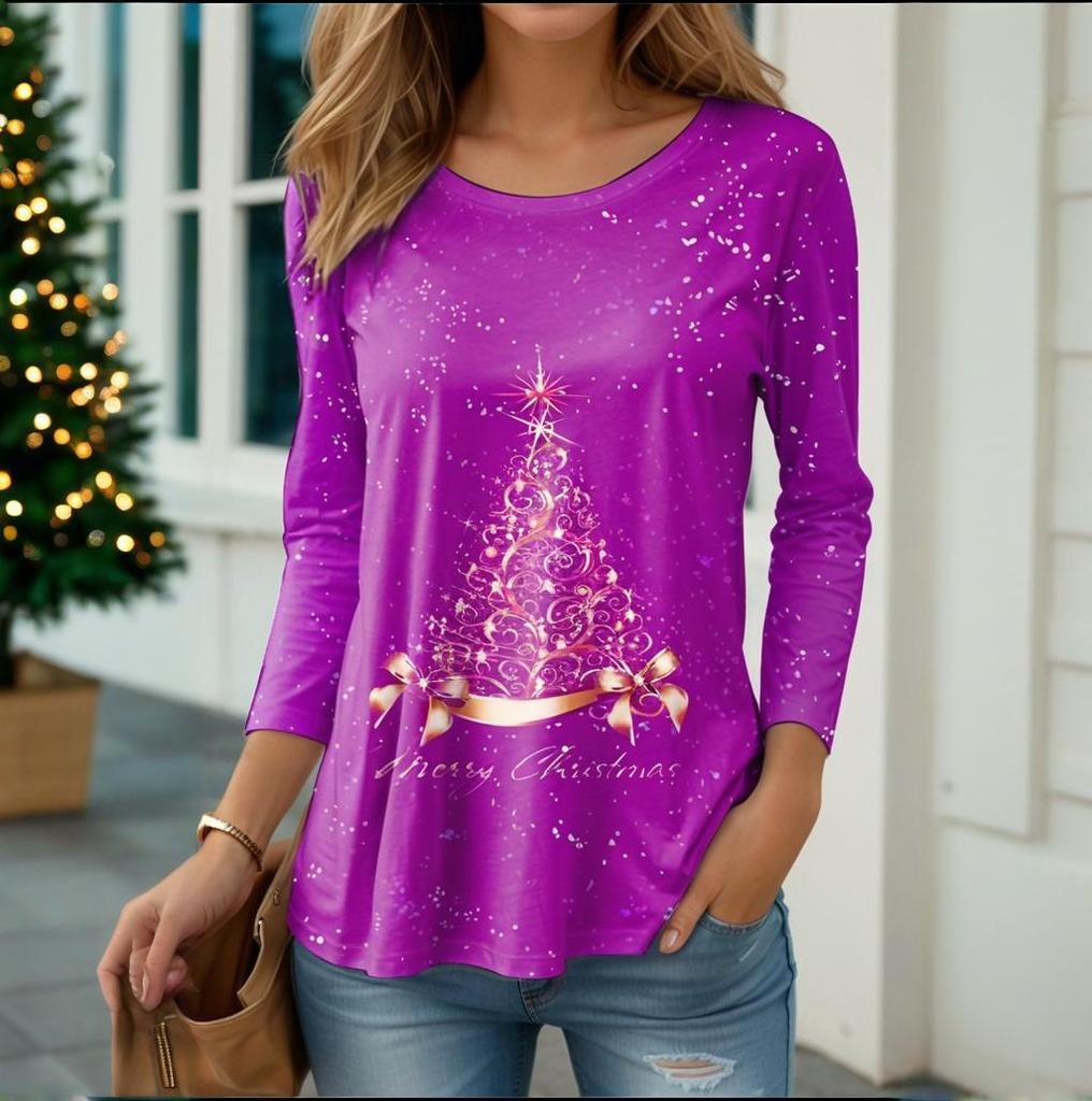 Large-sized2025 Fashion Red Christmas Tree Women's Long Sleeve Christmas Party Casual Clothing Autumn/Winter Cotton Oversize Round Neck Top