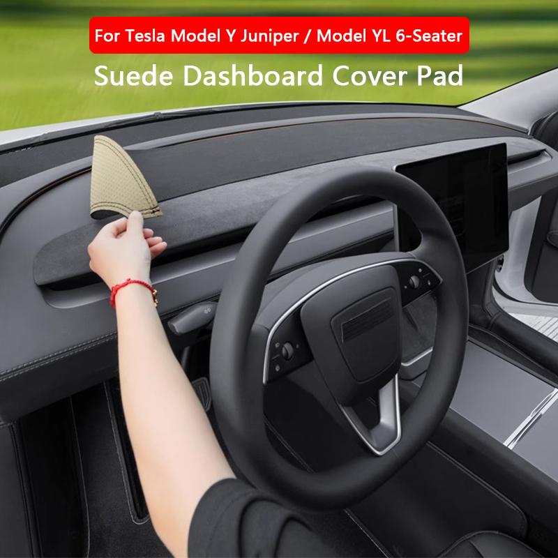 For Tesla Model Y Juniper / Model YL 6-Seater Suede Dashboard Cover Center Console Anti-UV Dash Sunshield Pad Car Accessories