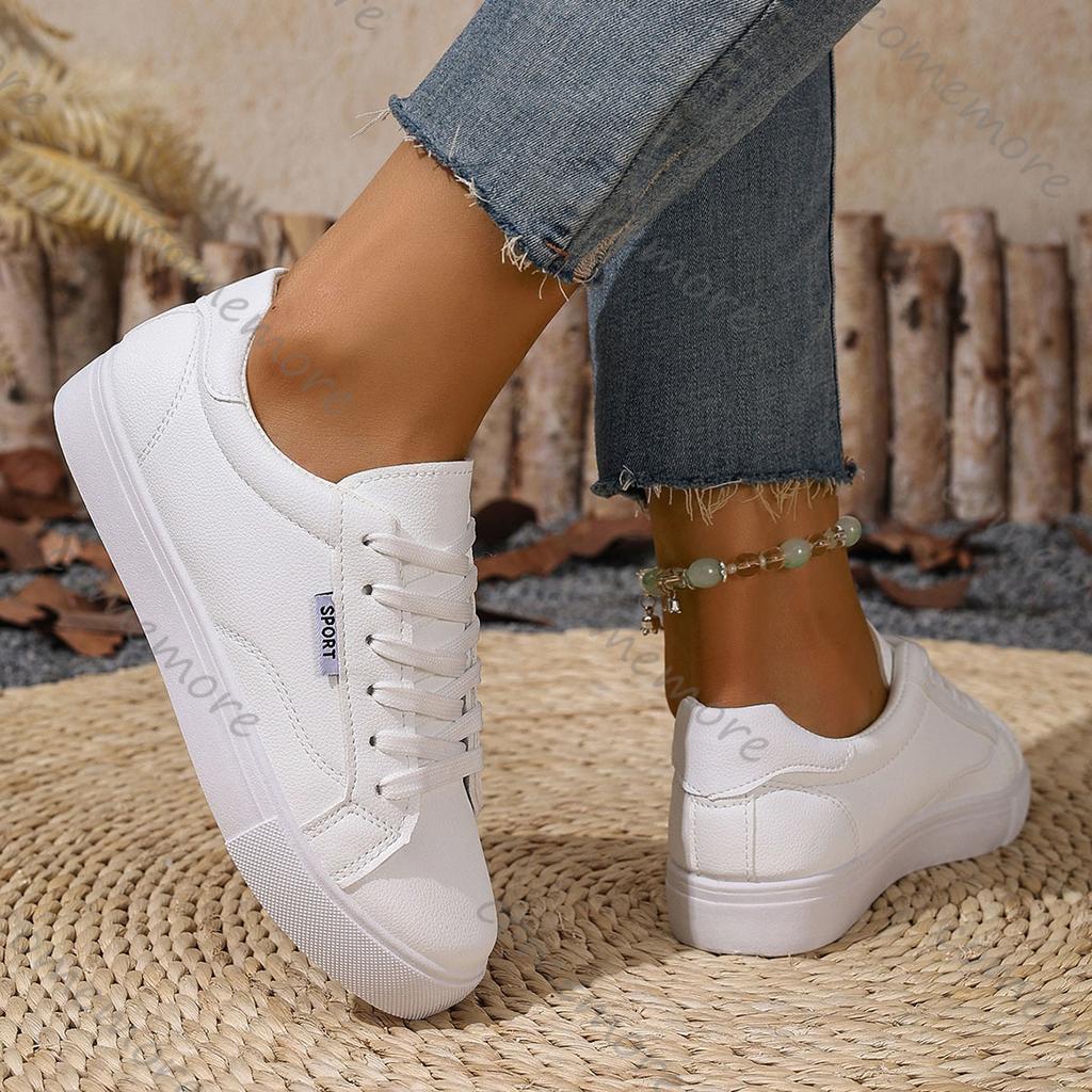 Comemore White Shoes Women's Spring Autumn Flat Bottom Leather Sneakers Casual Lace Up Students College Style Board Shoes Female