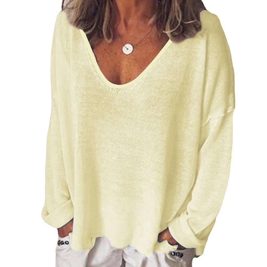 Fashion Summer Women T-Shirt Solid Color Casual Versatile Loose Tops V-Neck Blouses Long Sleeve Shirt Perspective Y2K Tops
