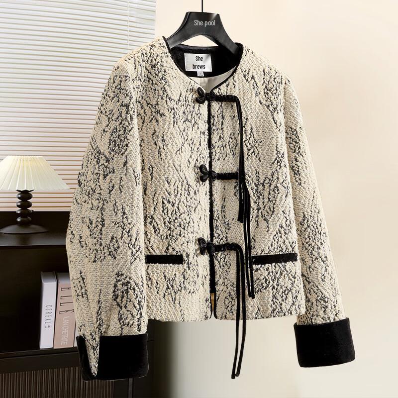 

Women s New Chinese Style Spliced Wool Blend Frog Button Jacket L