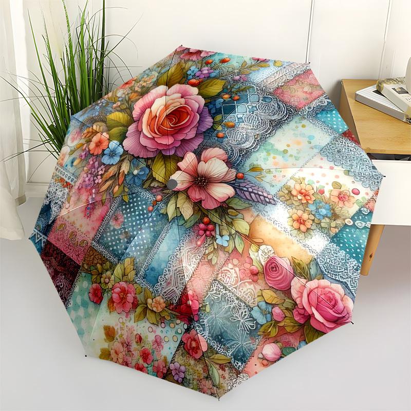 

1pc Floral Patchwork Quilt Design Umbrella with Plastic Handle,Vibrant Cartoon Pattern,Multi-functional UmbrellaB2020