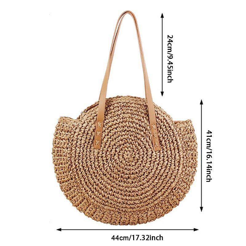 Women Boho Woven Handbag Summer Beach Tote Straw Bag Round Rattan Shoulder Bag