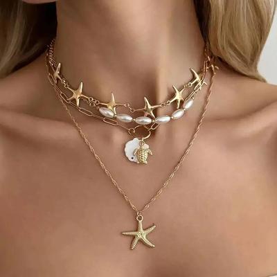 Ingemark Boho Starfish Sea Turtle Pendant Necklace Women Exquisite Imitation Pearl Multilayer Choker Summer Beach Jewelry Gifts
