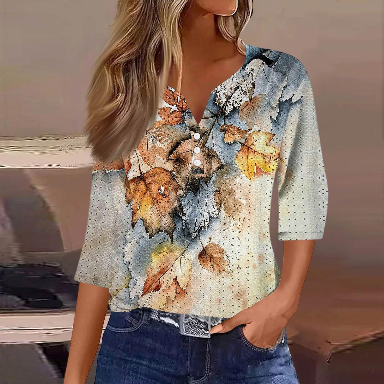 

Женская модная футболка с V-образным вырезом, пуговицами, семью рукавами, повседневный топ с цветочным принтом XL жёлтый