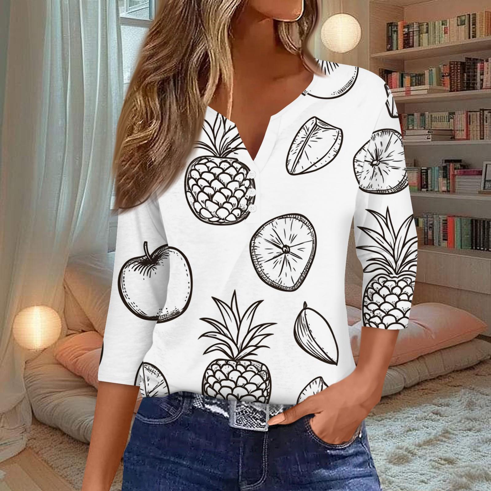 

Женская модная повседневная футболка с V-образным вырезом и декоративными пуговицами, рукавом три четверти, с принтом фруктов XL тёмно-синий