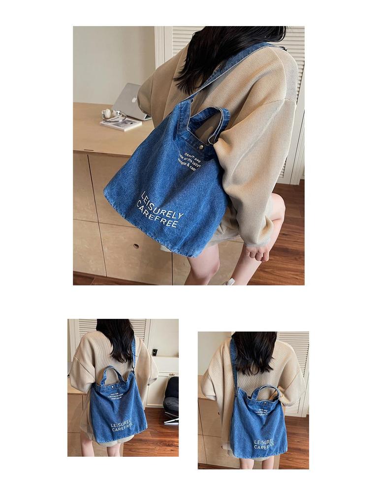 Korean Style Washed Denim Crossbody Tote – Large Capacity with Retro Letter Print (2025 Edition)