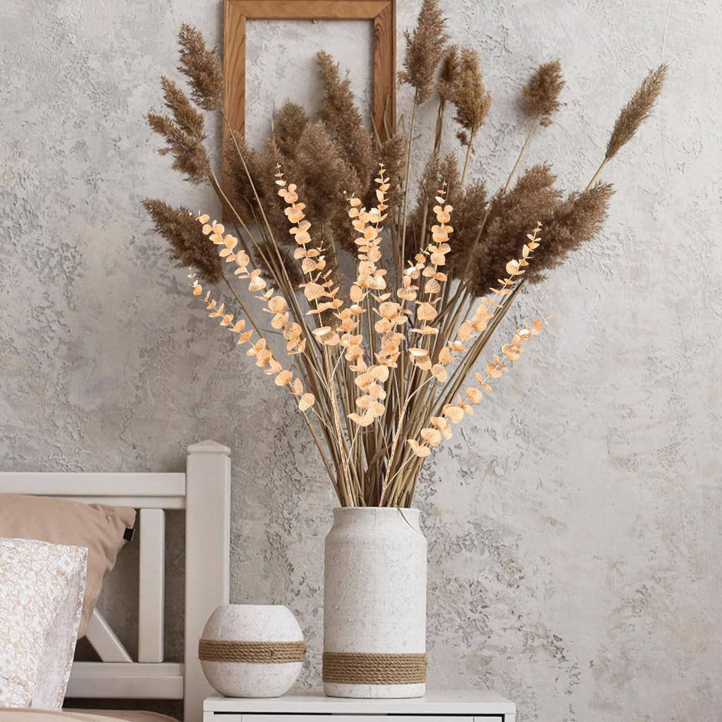4Pcs Gold Tone Eucalyptus Stem Artificial Eucalyptus Leaves Stems Real Touch Faux Branches for DIY Home Decor Bookshelf Counter