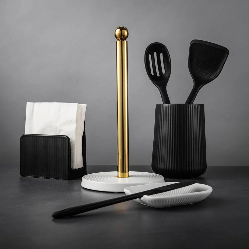 Elegant Paper Towel Holder Ribbed Ceramic Base Gold Center Post Kitchen Organizer Durable Design Stylish Countertop Accessory